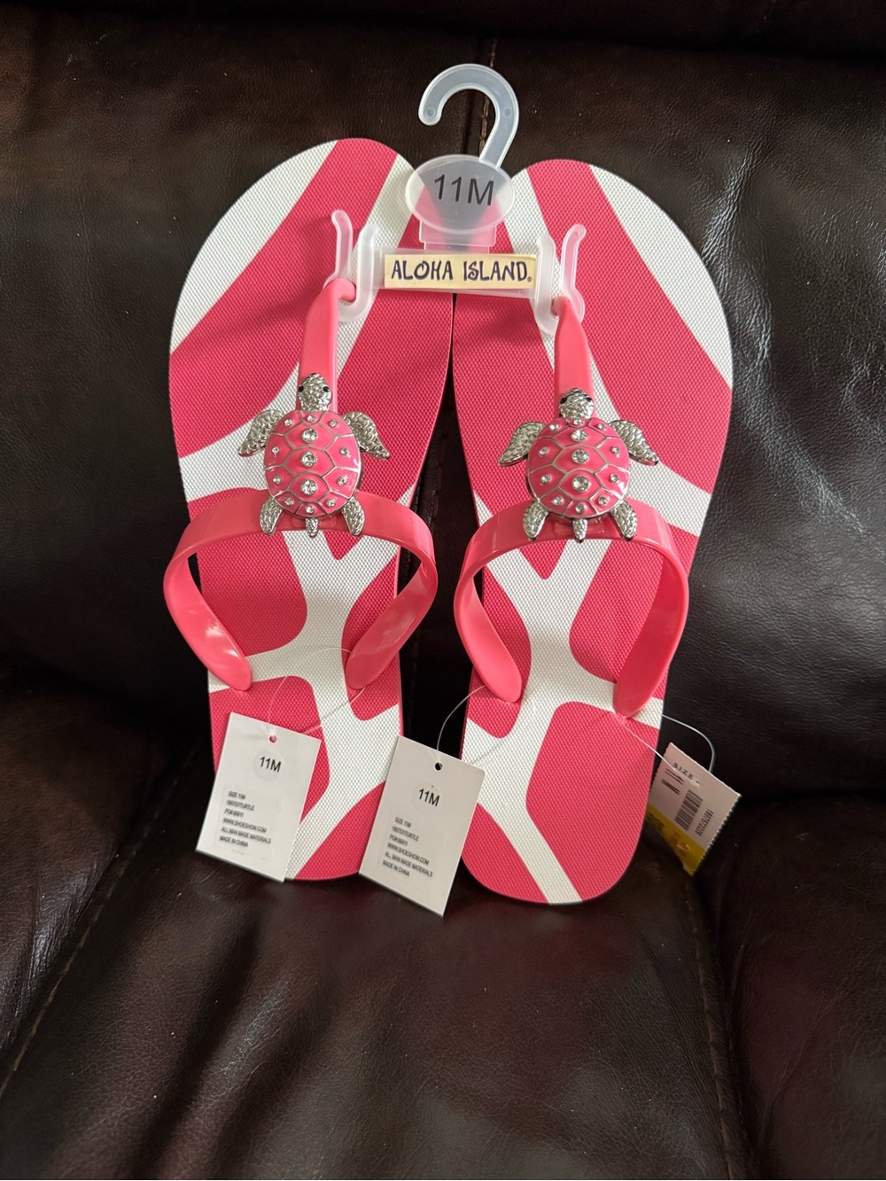 Aloha Island Pink & White Turtle Embellished Flip Flops